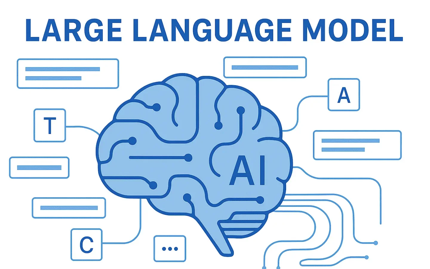 Illustration showing how a large language model processes text patterns and generates language
