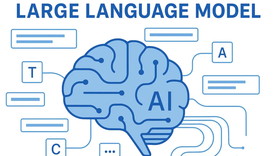 Illustration showing how a large language model processes text patterns and generates language